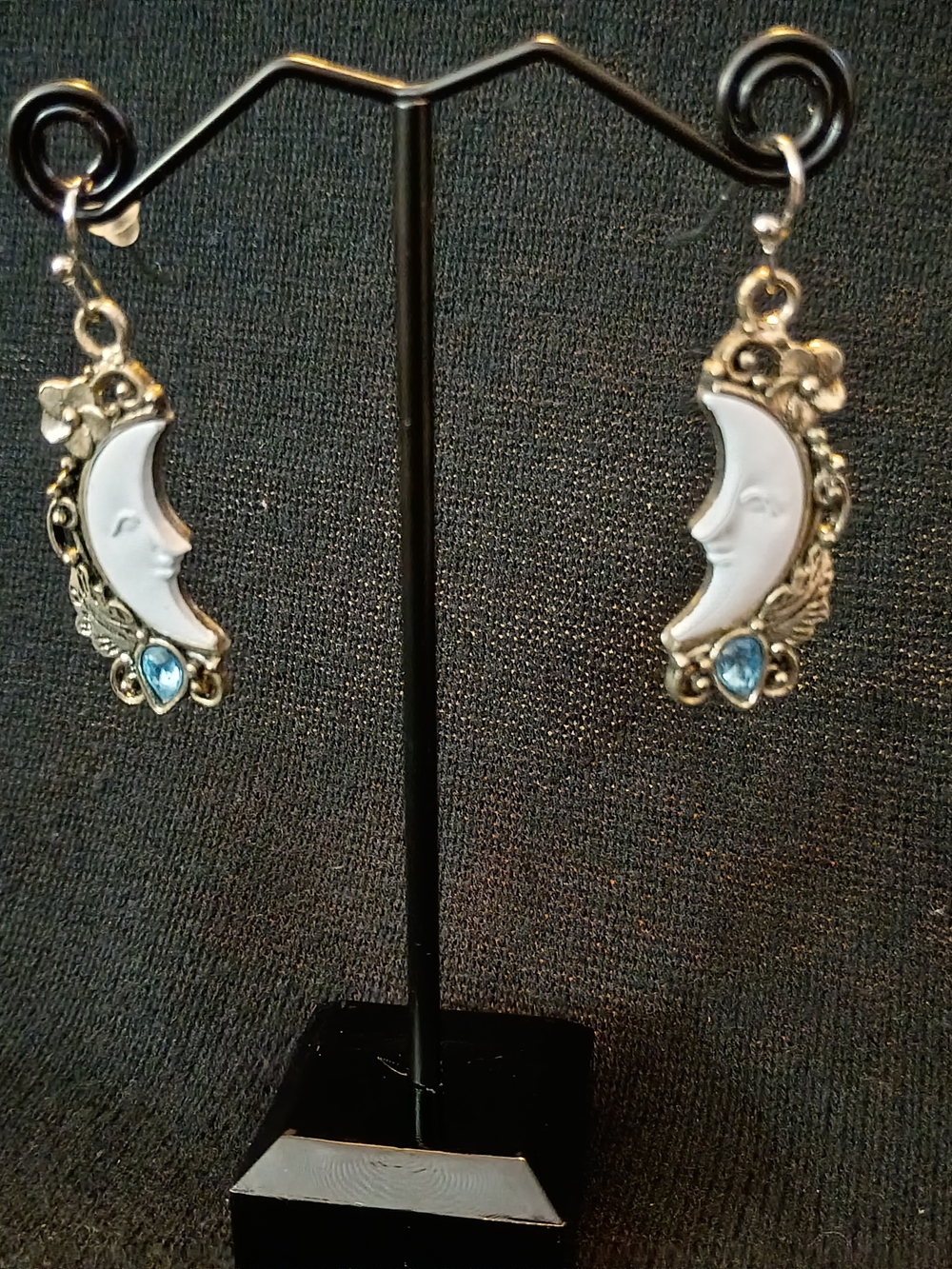 Silver Moonface Drop Earrings with Blue Crystal Accent